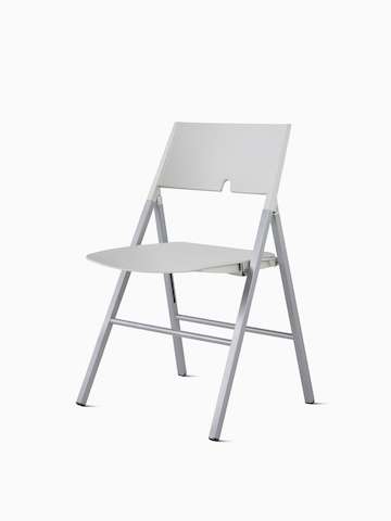 Angled front view of an Axa Folding Chair with a non-upholstered seat and back in a light gray plastic and silver metal frame and legs.