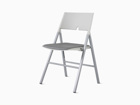 Angled front view of an Axa Folding Chair with an upholstered back and seat in gray and silver metal frame and legs.