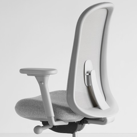 Back-angle view of a gray Lino Chair with adjustable sacral lumbar support.
