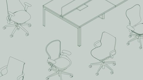 Sfondo grigio chiaro con contorni in 2D di sedute da ufficio e scrivanie Herman Miller sparse.