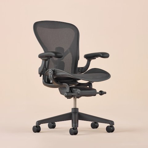 A full view of the Aeron Chair swiveled 45 degrees to the right.