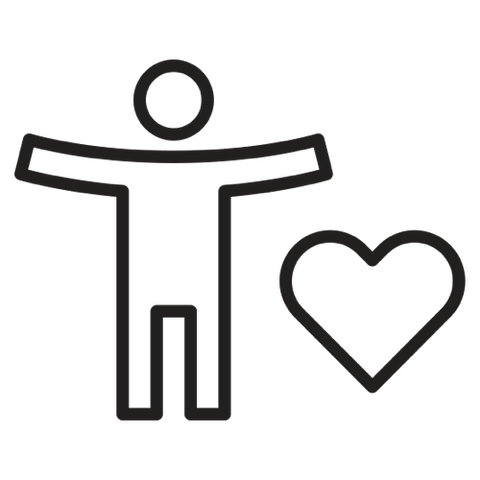 An illustrated black and white icon depicting a person and a heart, signifying wellness