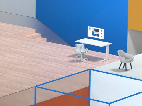 An illustration of an office, including yellow an blue walls, standing desks, chairs, and colored boxes that represent the collection of space utilization data