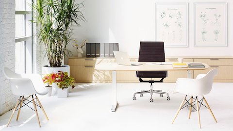 A Renew Sit-to-Stand Table in a private office. Select to go to the Renew Sit-to-Stand Table product page.