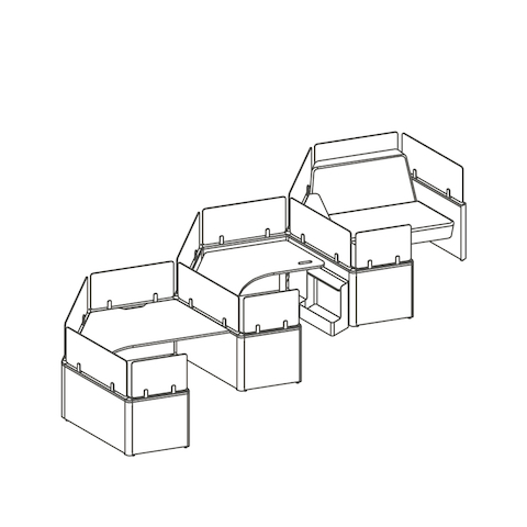 A line drawing of Catena Office Landscape in a linear honeycomb configuration.