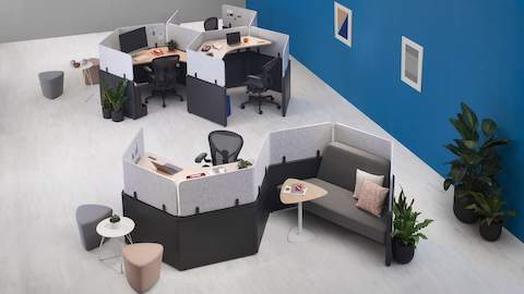 An overhead view of Catena Office Landscape workstations in both an S-Shape and group honeycomb configurations.
