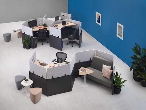 An overhead view of Catena Office Landscape workstations in both an S-Shape and group honeycomb configurations.