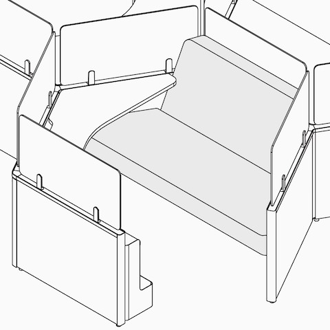 A line drawing of a 120-degree soft seating seat pad and backrest.