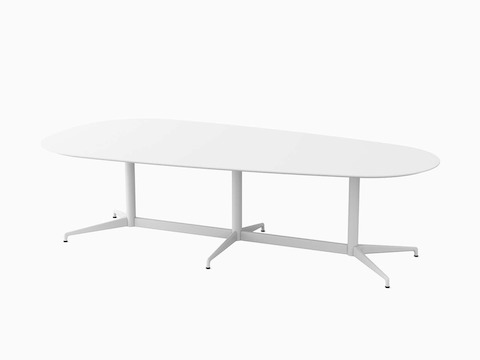 A large white trapezoid Civic Table with white legs.