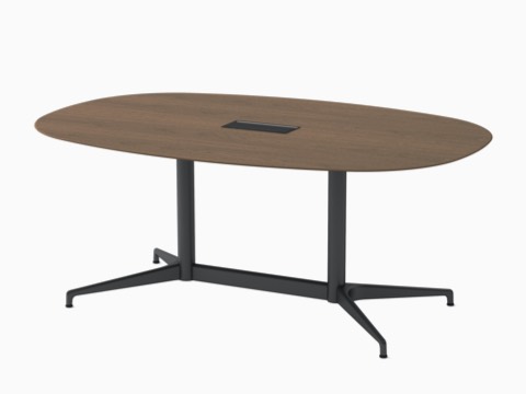 An oval Civic Table with a walnut top and black legs.