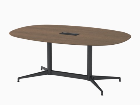 An oval Civic Table with a walnut top and black legs. An oval Civic Table with a walnut top and black legs.