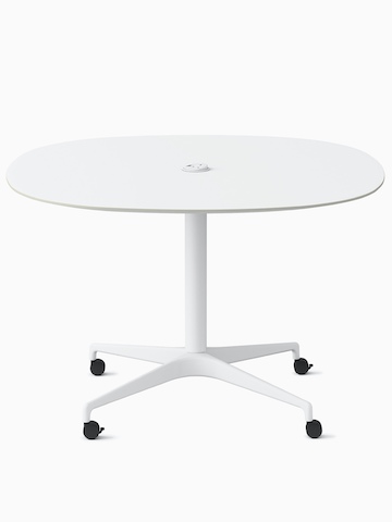 A soft square white Civic Table at work height with a centrally placed power solution. Select to go to the Civic Tables product page.