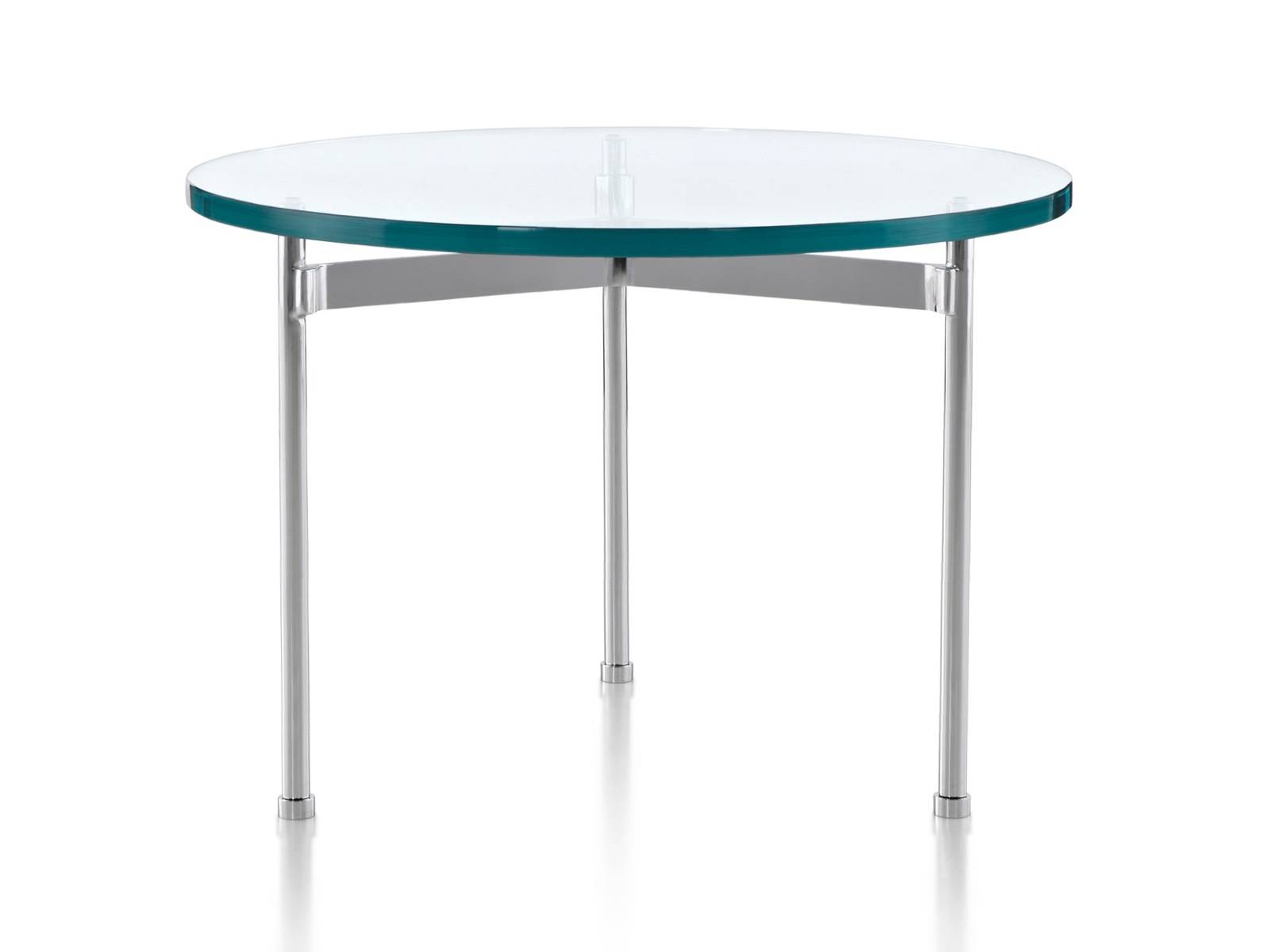 A glass-top Claw Table with a round surface and three metal legs.