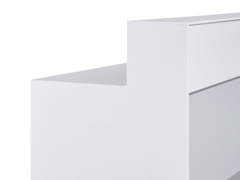 A close-up view of the white Corian full end panel with white laminate tops and white and gray fronts on a forty two inch high prefab Commend Nurses Station.