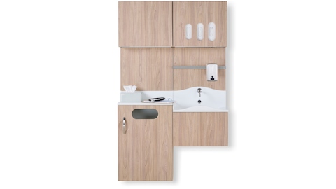 Compass System in a medium wood finish with white Corian sink and surface, trash bin, and upper storage with glove storage.