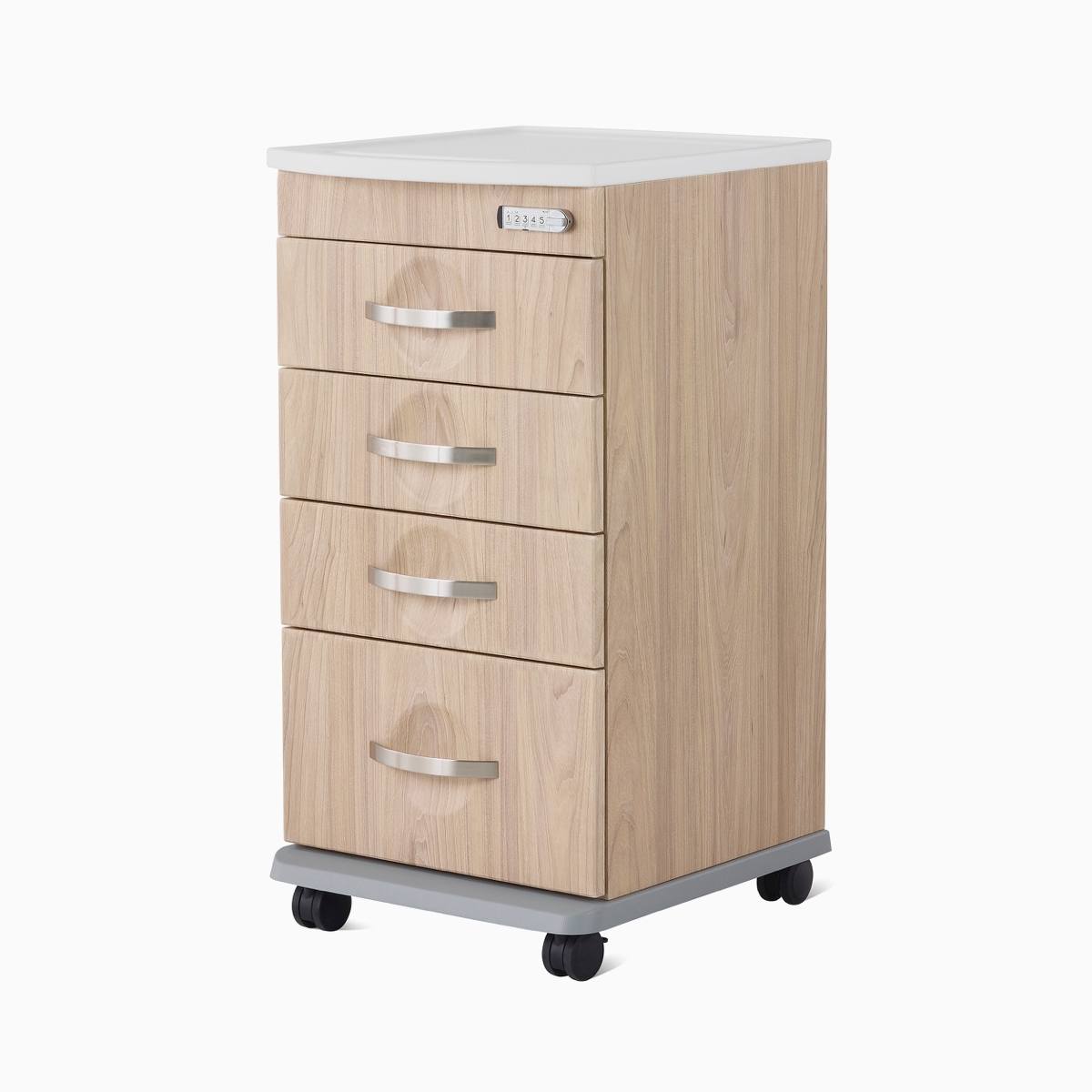 A Compass casework 4-drawer supply cart in a warm elm finish.