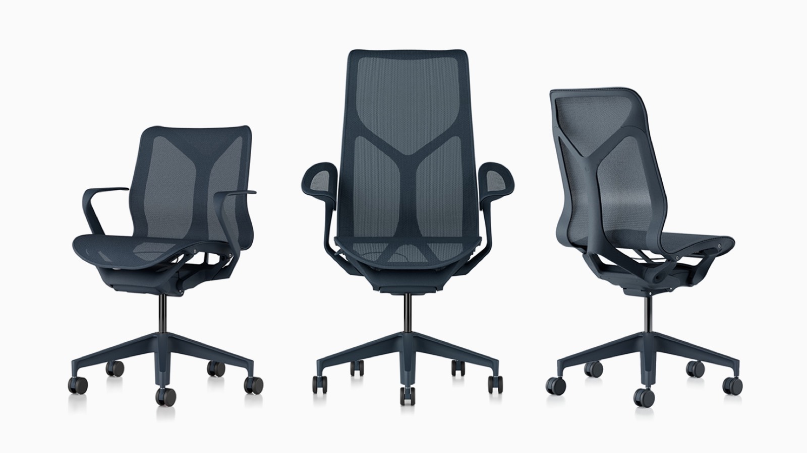 Low-back, high-back, and mid-back Cosm ergonomic desk chairs with suspension materials, bases, and frames in Nightfall navy blue.