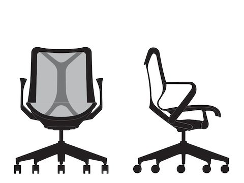 Voor- en zijaanzicht lijntekeningen van een low-back Cosm Chair.