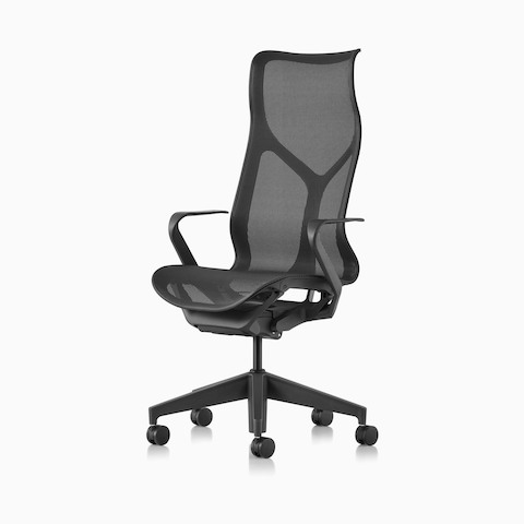 A high-back Cosm Chair with fixed arms and Graphite dark gray frame and suspension material.