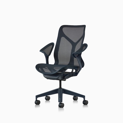 A mid-back Cosm ergonomic desk chair with leaf arms and Nightfall dark blue frame and suspension material.