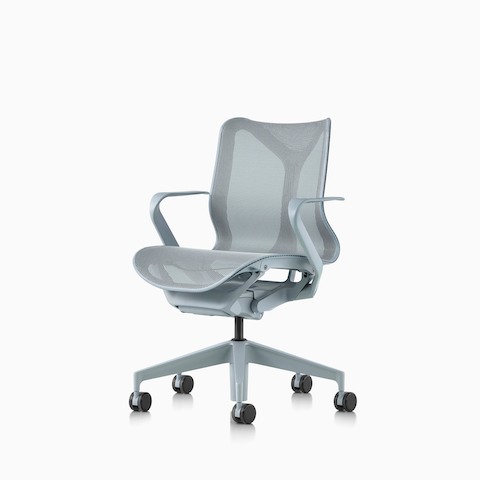 A low-back Cosm ergonomic desk chair with fixed arms and Glacier light blue frame and suspension material.