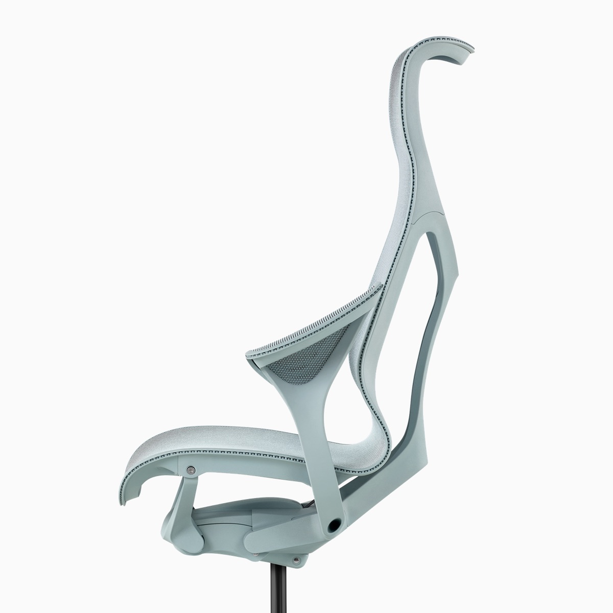 Side view of a light blue high-back Cosm Chair.
