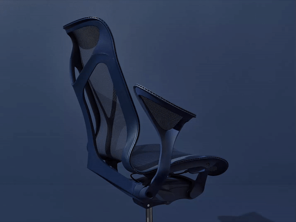 A high-back Cosm office chair with Leaf Arms in Nightfall dark blue features an animation that highlights the chair's tilt technology. 