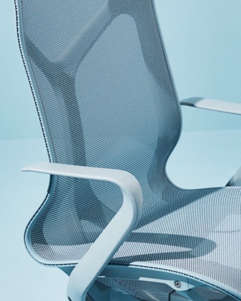 A Cosm ergonomic office chair in Glacier light blue. A Cosm ergonomic office chair in Glacier light blue.