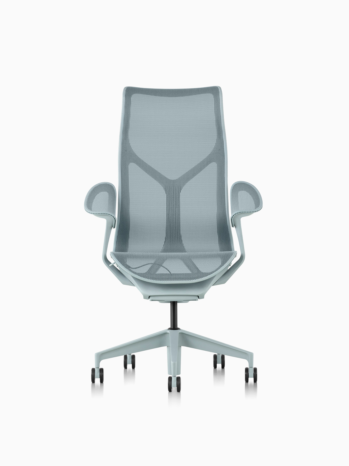 A high-back Cosm Chair with leaf arms in Glacier light blue.