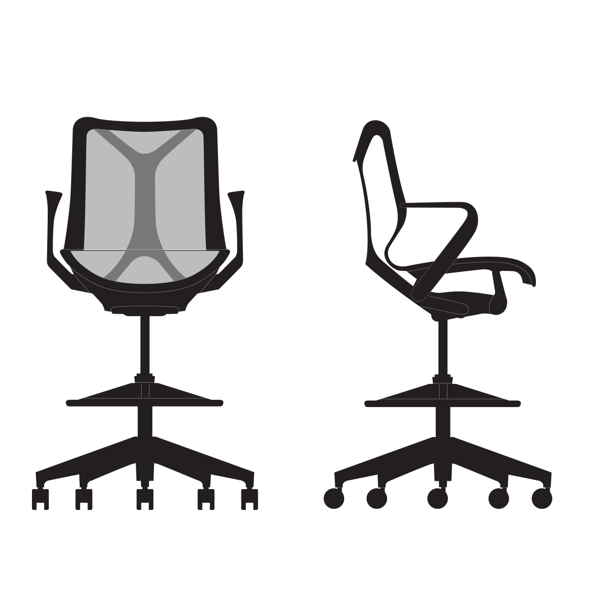 Line art of a Cosm low-back stool, viewed from the front and the side.
