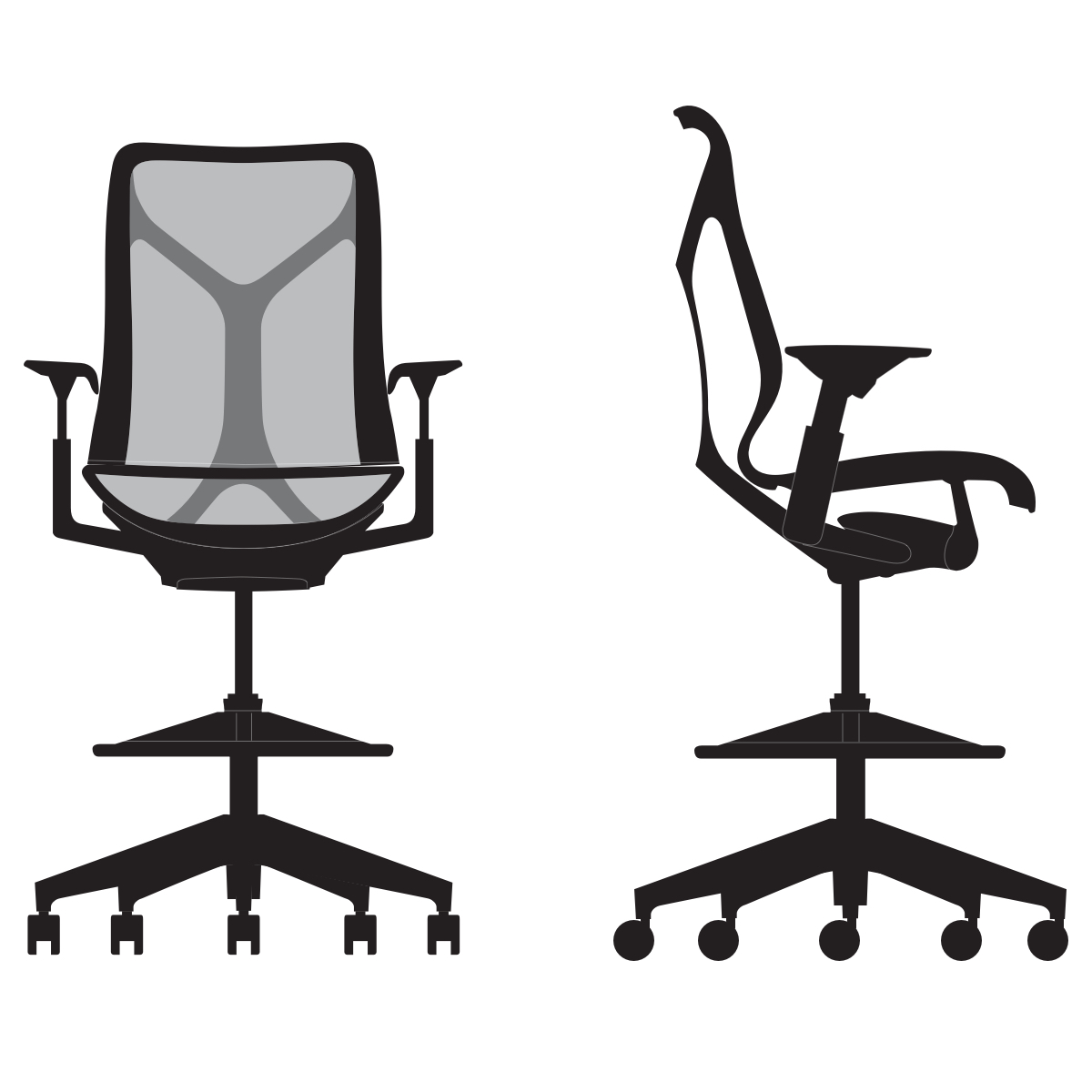 Line art of a Cosm mid-back stool, viewed from the front and the side.