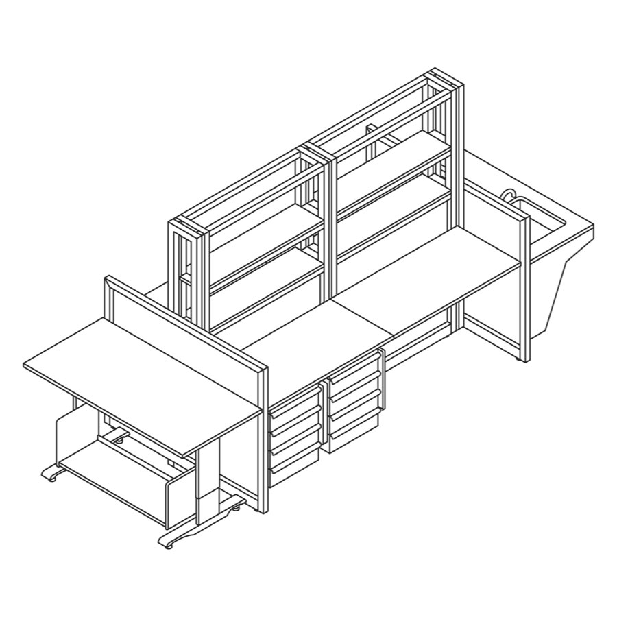 A line drawing of Co/Struc casework in a laboratory module configuration.