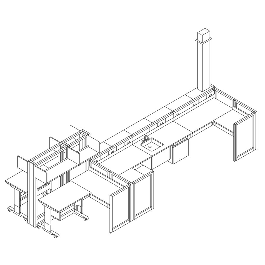 A line drawing of Co/Struc casework in a laboratory configuration.