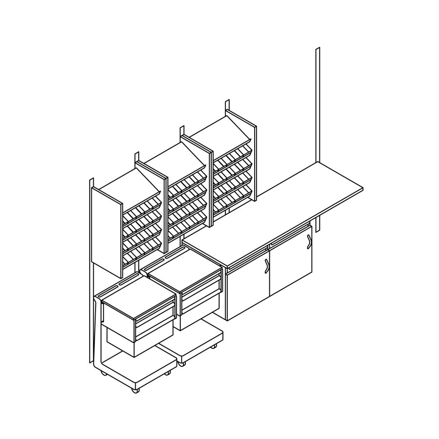 A line drawing of Co/Struc casework in a pharmacy configuration.