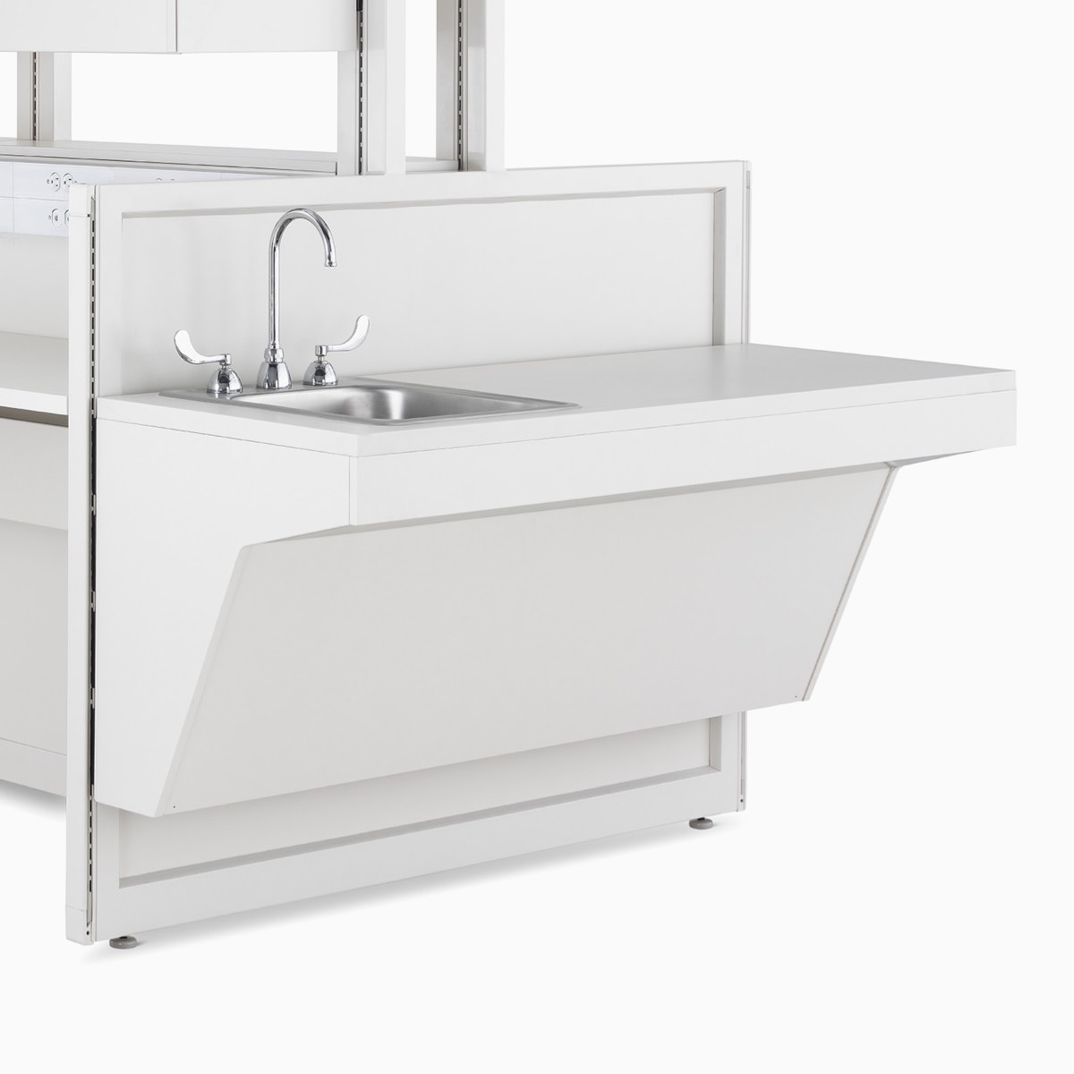 Detail of soft white Co/Struc System ADA sink hanging on a frame module.