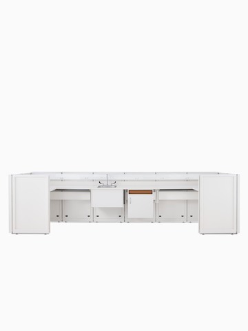 Co/Struc System laboratory bench in soft white with under surface storage and sink.