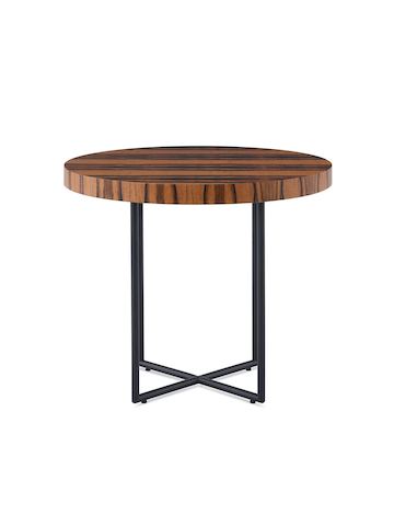 Una mesa Domino con superficie de madera y base de metal.