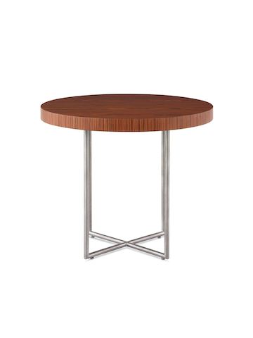 Una mesa Domino con superficie de madera y base de metal.