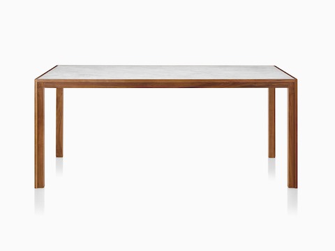 A walnut Doubleframe Table featuring a Carrara marble top, viewed from the front.