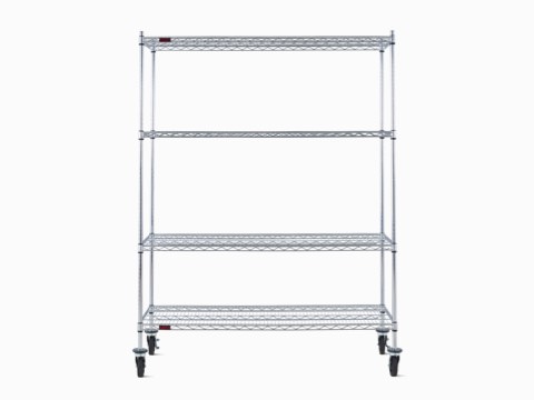 Front view of a wire shelving storage unit on casters with four shelves.