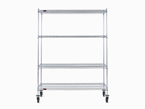Front view of a wire shelving storage unit on casters with four shelves. Front view of a wire shelving storage unit on casters with four shelves.