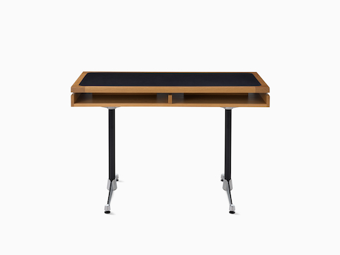 An Eames 2500 Series Executive Desk in oak with black leather inlay.