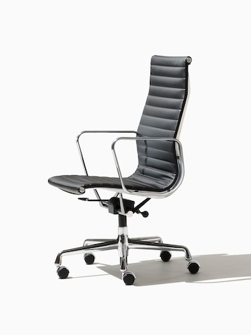 Black Eames Aluminum Group high-back executive chair, viewed from the side.