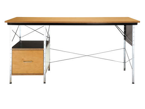 An Eames Desk in a neutral color scheme with birch, black, and white accents, viewed from the front. An Eames Desk in a neutral color scheme with birch, black, and white accents, viewed from the front.