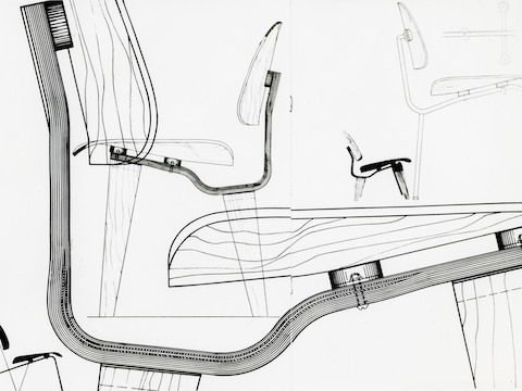 Esboços de design da cadeira de contraplacado moldado Eames.