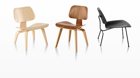 Three Eames Molded Plywood Chairs, each with a different finish.