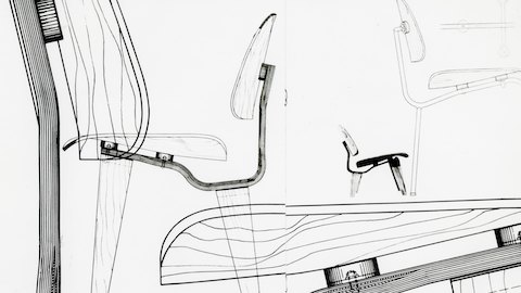 Esboços de design da cadeira de contraplacado moldado Eames.