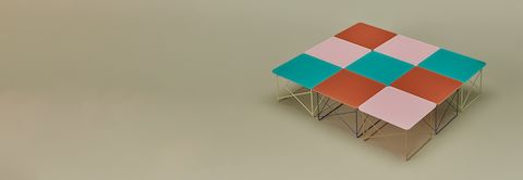 Grid of various colours of Eames Wire Base Low Tables.