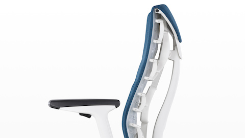 Side view of a blue Embody office chair, showing ergonomic back support. Side view of a blue Embody office chair, showing ergonomic back support.