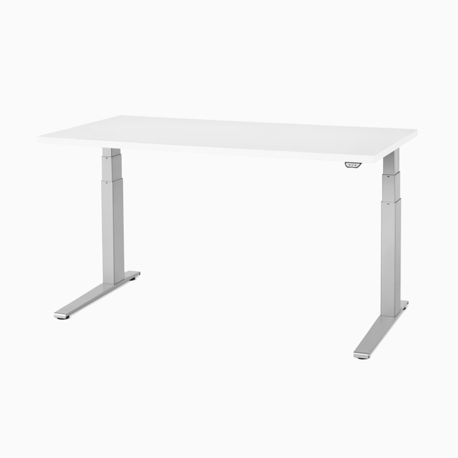 Single height-adjustable table with silver base and a white top.